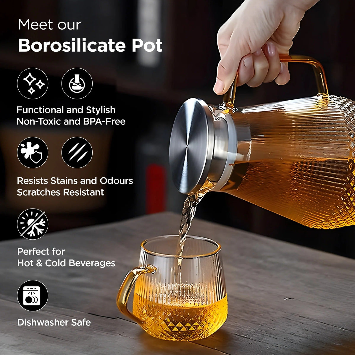 UMAI Borosilicate Glass Jug 1500ml + 2 Cups 400ml SS Lid Premium Housewarming Gift Pack