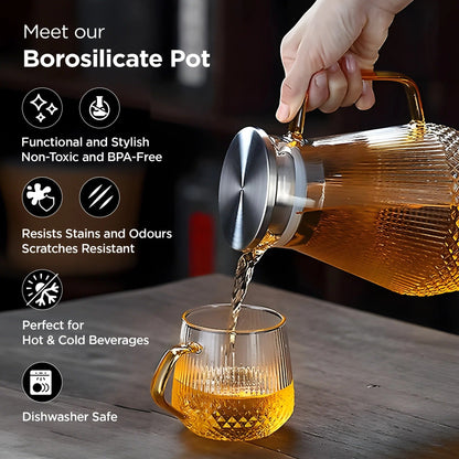 UMAI Borosilicate Glass Jug 1500ml + 2 Cups 400ml SS Lid Premium Housewarming Gift Pack