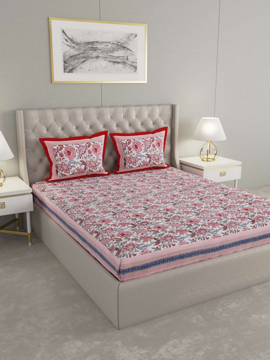 100% Pure Cotton Traditional Printed Bedsheet for Double Bed King Size Bedsheet with 2 Pillow Covers