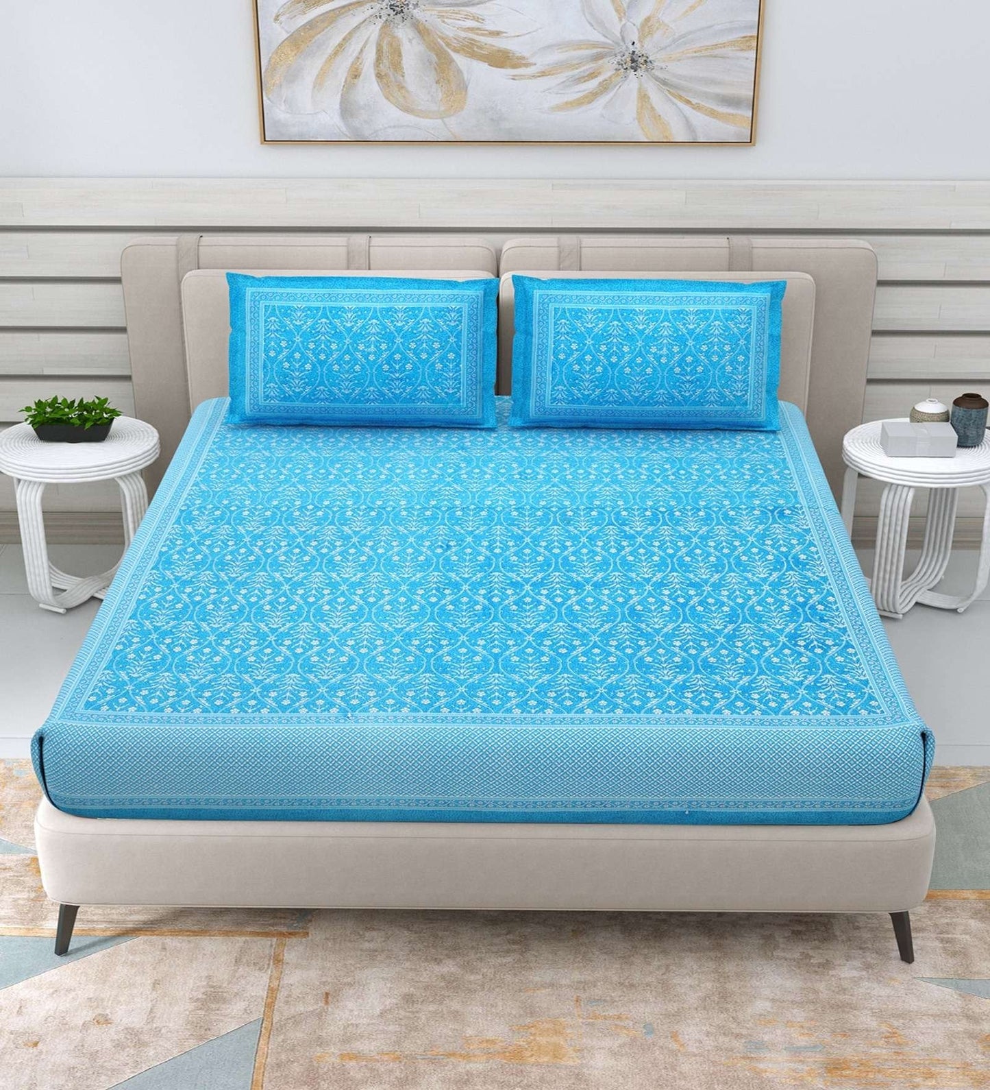 100% Pure Cotton Traditional Printed Bedsheet for Double Bed King Size Bedsheet with 2 Pillow Covers