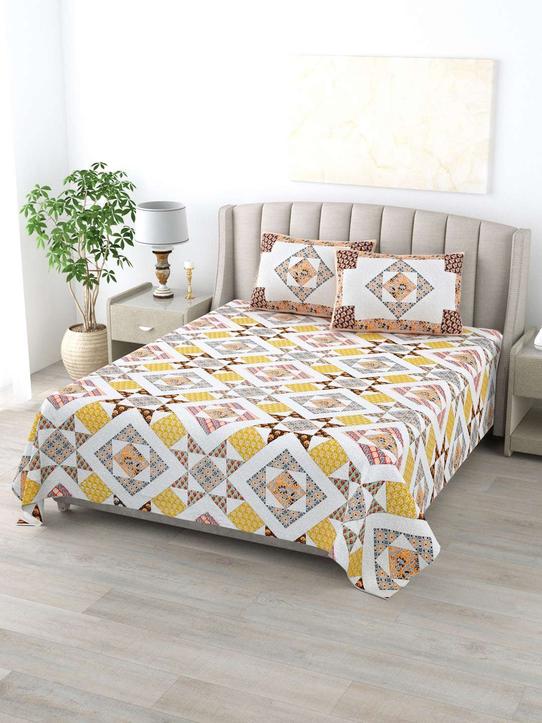 100% Pure Cotton Traditional Printed Bedsheet for Double Bed King Size Bedsheet with 2 Pillow Covers