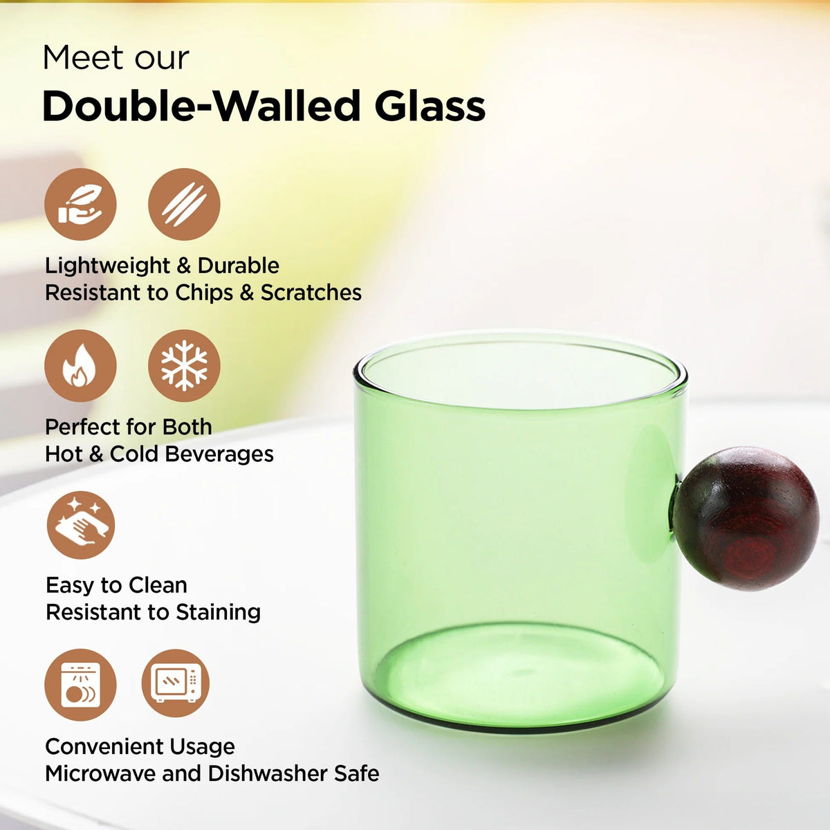 UMAI Pack of 2: Borosilicate Glass Coffee Mugs with Wooden Handle | 120ml | Green