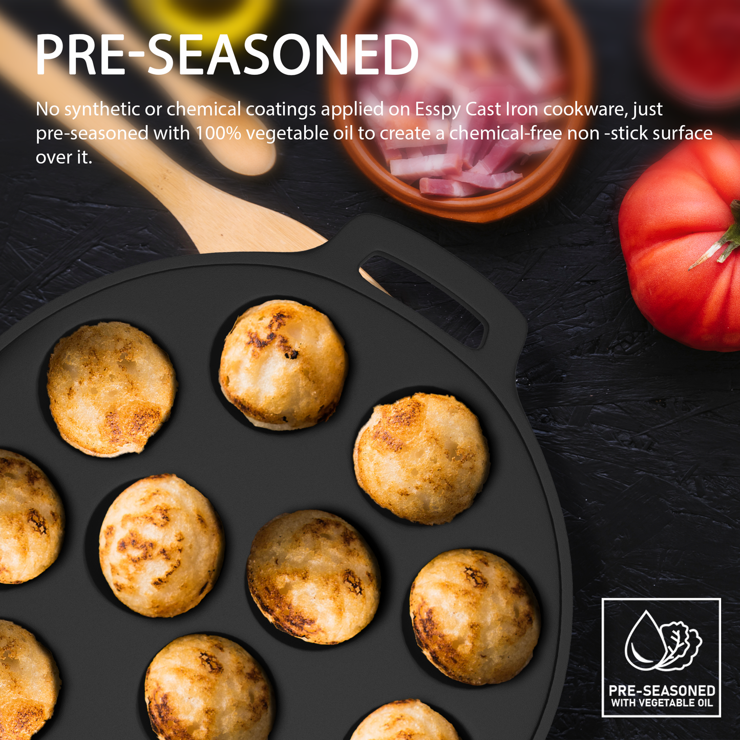 Esspy 12 Pit Pre-Seasoned Cast Iron Paniyaram Pan With Silicon Handle | Non-stick | Induction Friendly | Appe/Paddu Pan | 100% Pure & Toxin-Free | Gunta Ponganalu/Paddu | Cast Iron Cookware
