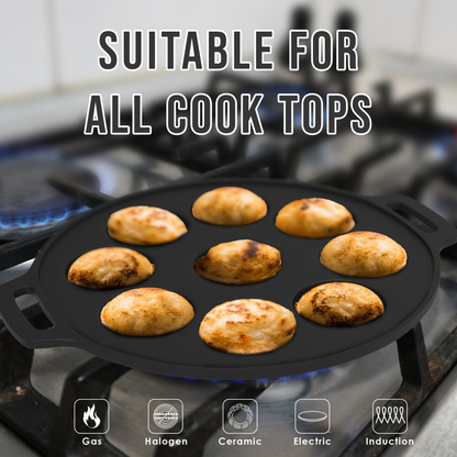 Esspy 9 Pit Pre-Seasoned Cast Iron Paniyaram Pan With Silicon Handle & Glass Lid| Non-stick | Induction Friendly | Appe/Paddu Pan | 100% Pure & Toxin-Free | Gunta Ponganalu/Paddu | Cast Iron Cookware