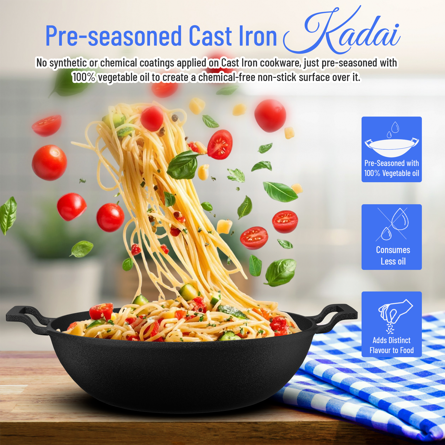 Esspy Pre Seasoned Cast Iron Kadhai With Silicon Handle Cover | Naturally Non Stick Kadai for Cooking | Gas & Induction Friendly | Woks | 100% Pure & Toxin-Free | No Chemical Coating | Fast & Even Heating