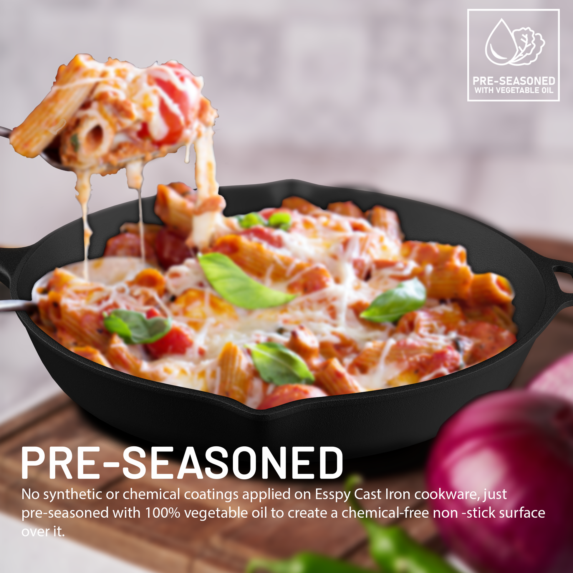 Esspy 10 inch Cast Iron Frying Pan/Skillet | Pre-Seasoned, Induction Friendly | Non-Stick Pan | 100% Pure Cast Iron, Toxin-Free & Chemical-Free | Black