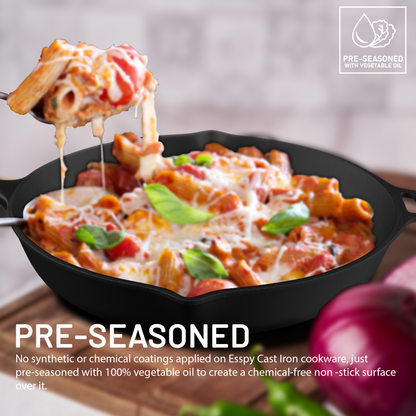 Esspy 10 inch Cast Iron Frying Pan/Skillet | Pre-Seasoned, Induction Friendly | Non-Stick Pan | 100% Pure Cast Iron, Toxin-Free & Chemical-Free | Black