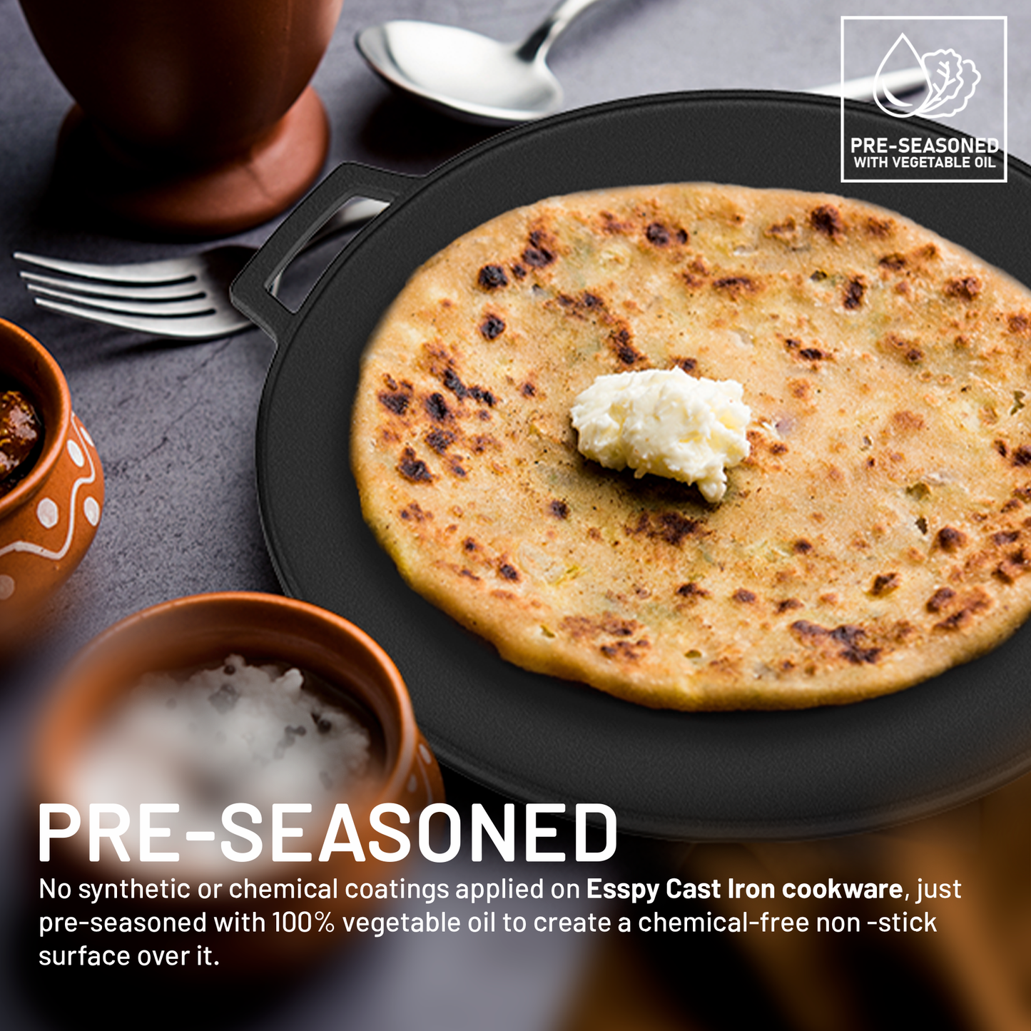 Esspy Pre-Seasoned Cast Iron 2 in 1 Grill and Griddle Pan & Dosa Tawa With Silicon Handle | Iron Cookware for Kitchen | Roti Tawa | Cast Iron Grill Pan | Iron Tava Big Size