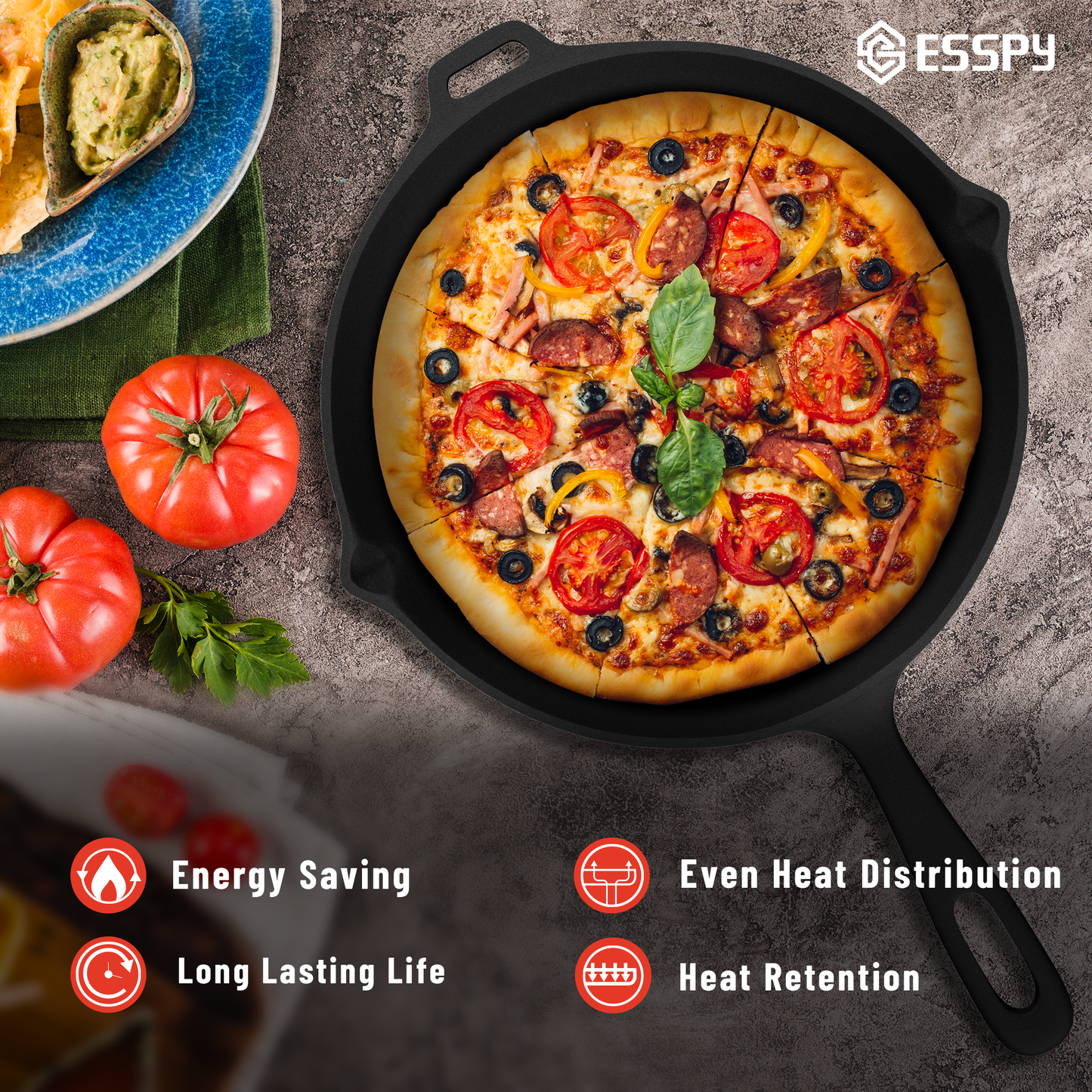 Esspy 10 inch Cast Iron Frying Pan/Skillet With Silicon Handle Cover | Pre-Seasoned, Induction Friendly | Non-Stick Pan | 100% Pure Cast Iron, Toxin-Free & Chemical-Free | Black