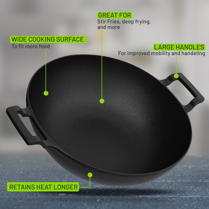 Esspy Pre Seasoned Cast Iron Kadhai With Silicon Handle Cover | Naturally Non Stick Kadai for Cooking | Gas & Induction Friendly | Woks | 100% Pure & Toxin-Free | No Chemical Coating | Fast & Even Heating