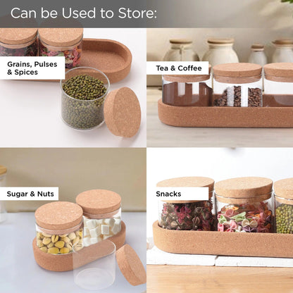 UMAI Borosilicate Glass Jars with Cork Lids | 270ml Pack of 3 | Airtight | Cork Tray