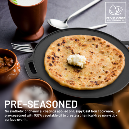 Esspy 12inch/30cm Pre-Seasoned Cast Iron Tawa for Roti and Dosa | Dosa Tawa with Silicon Handle | Dosa Pan | Iron Tawa Big Size | Non-Stick | Gas and Induction Compatible