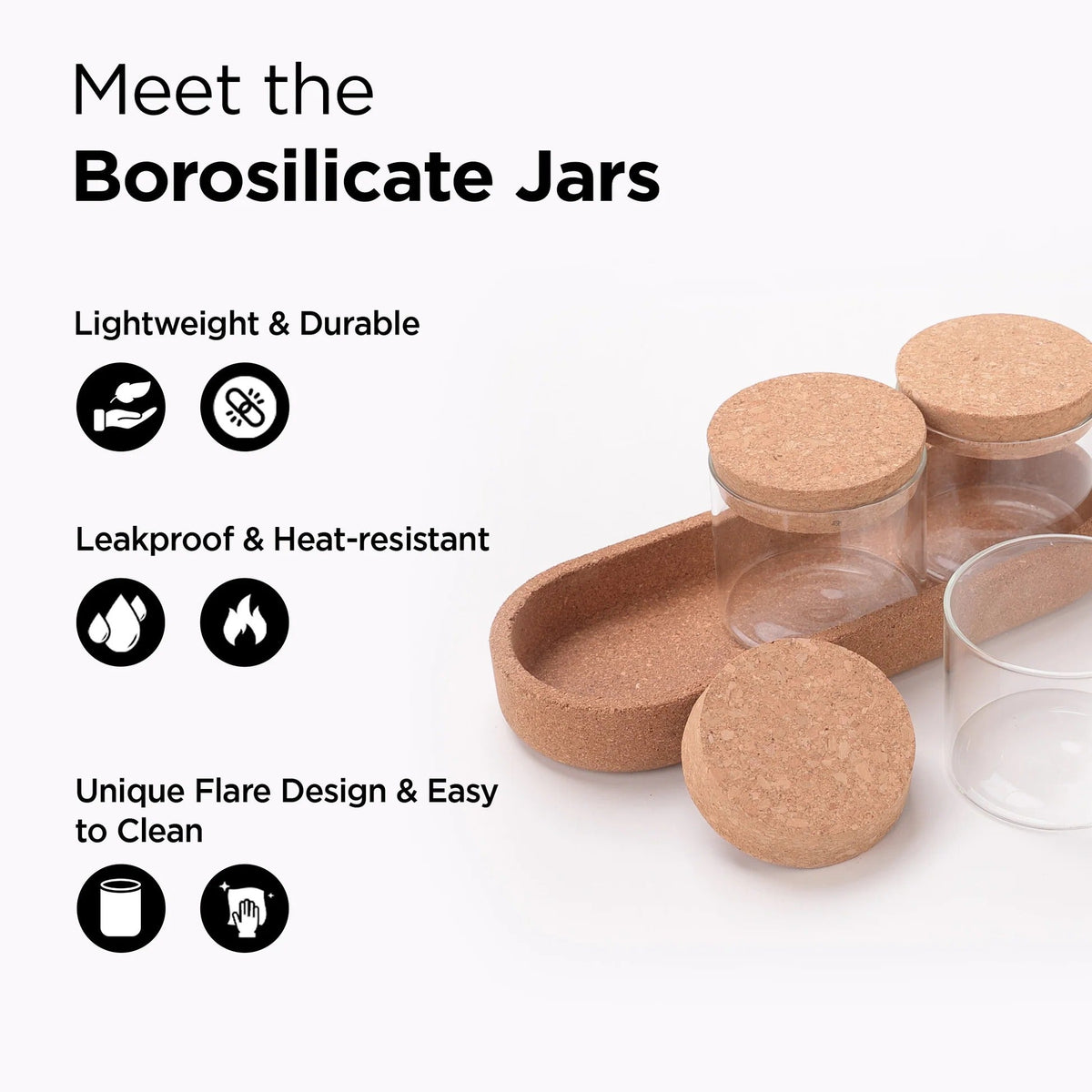UMAI Borosilicate Glass Jars with Cork Lids | 270ml Pack of 3 | Airtight | Cork Tray
