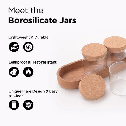 UMAI Borosilicate Glass Jars with Cork Lids | 270ml Pack of 3 | Airtight | Cork Tray