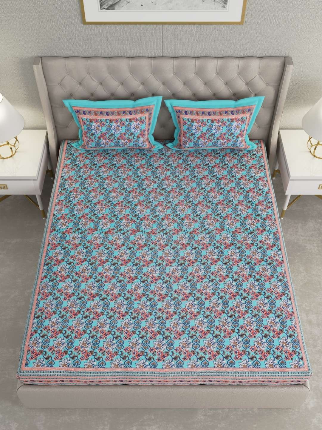 100% Pure Cotton Traditional Printed Bedsheet for Double Bed King Size Bedsheet with 2 Pillow Covers