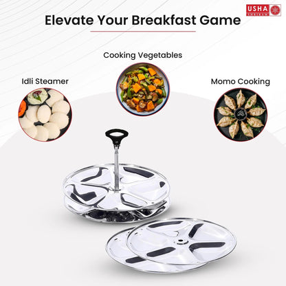USHA SHRIRAM Stainless Steel Idli Maker 3 Plates 15 Idlis Removable Bakelite Handle