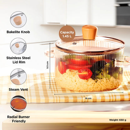 UMAI Borosilicate Glass Saucepan 1.45L Ribbed Amber with Lid Gas Stove Microwave Safe