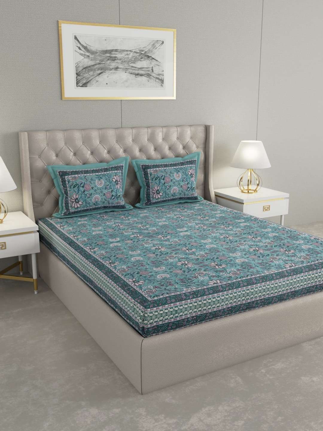 100% Pure Cotton Traditional Printed Bedsheet for Double Bed King Size Bedsheet with 2 Pillow Covers