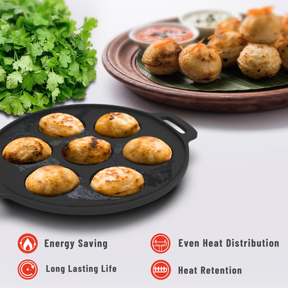 Esspy 7 Pit Pre-Seasoned Cast Iron Paniyaram Pan With Silicon Handle | Non-stick | Induction Friendly | Appe/Paddu Pan | 100% Pure & Toxin-Free | Gunta Ponganalu/Paddu | Cast Iron Cookware