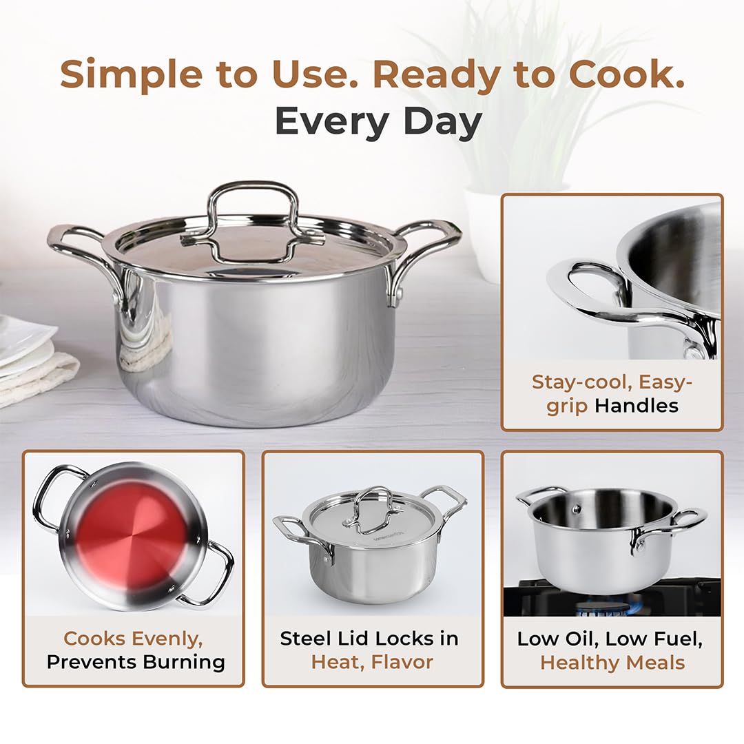 Esspy Triply Stainless Steel Casserole/Biryani Pot/Stock Pot with S.s Lid, Non Stick, Triply Biryani Pot, Metal Spatula Friendly, Induction & Gas Stove Compatible