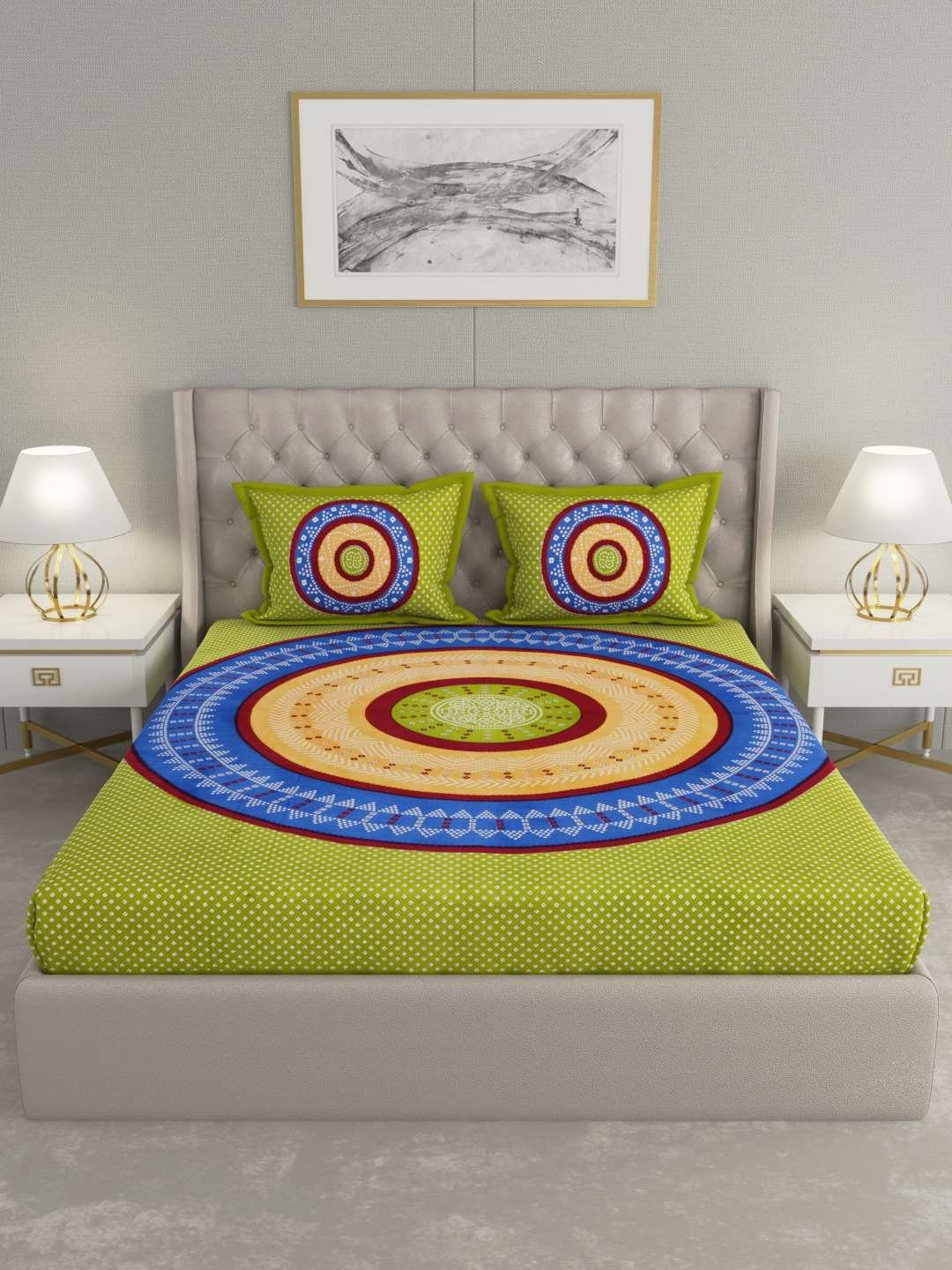 100% Pure Cotton Traditional Printed Bedsheet for Double Bed King Size Bedsheet with 2 Pillow Covers