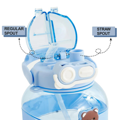 Kuber Industries Kids Water Bottle with Straw | Cute Teddy Bear Sipper | Locking Flip Lid | 1000ml | Blue