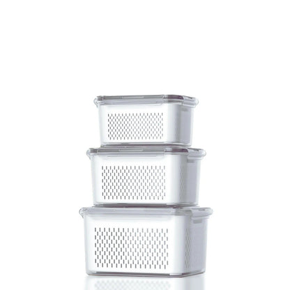 Homestic Pack of 3 Fridge Food Containers | Vegetable Fruit Boxes | Handheld Strainer Basket | Transparent