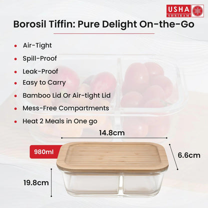 USHA SHRIRAM Borosilicate Glass Tiffin Box 980ml | Bamboo Lid | Leak-Proof | Glass Lunch Box