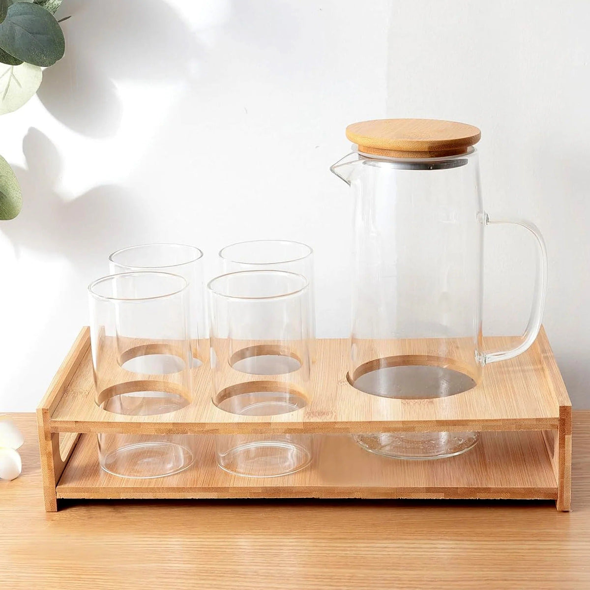 UMAI Glass Jug 950ml with Bamboo Tray + 4 Water Glasses 330ml Housewarming Gift Set