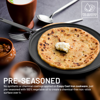 Esspy 28cm/11inch Pre-Seasoned Cast Iron Dosa Tawa | Roti/Chapati Tawa | Iron Tawa Big Size | Cast Iron Cookware | Gas and Induction Compatible | Toxin Free