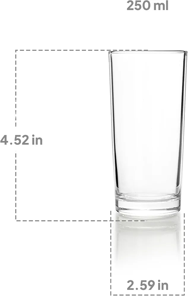 CELLO Liberty Hi-Ball Glass Set of 6 Pcs 250ml, Transparent | Freezer & Fridge Safe, Leadfree Dishwasher Safe Toughened Crystal Clear Glasses Set for Drinking Water Juice Milk Cocktail Mocktail Soda