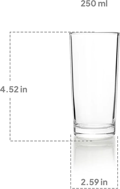 CELLO Liberty Hi-Ball Glass Set of 6 Pcs 250ml, Transparent | Freezer & Fridge Safe, Leadfree Dishwasher Safe Toughened Crystal Clear Glasses Set for Drinking Water Juice Milk Cocktail Mocktail Soda
