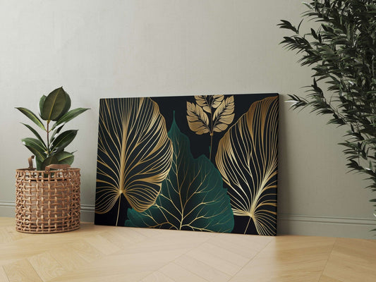 Luxury Green & Gold Leaf Canvas Painting Modern Wall Décor for Living Room & Bedroom