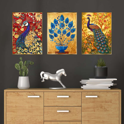 Set of Three Wall Paintings for Wall Dacoration Golden Framed Wall Paintings for Living Room & Bedroom Wall Art for Home Decoration & Office Wall Décor (18×12 inch CH-GD3-4)