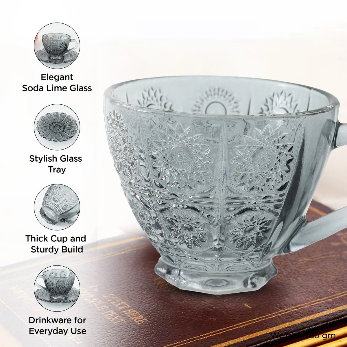 UMAI Glass Cup with Saucer (280ml) Set of 2 | Elegant | Transparent