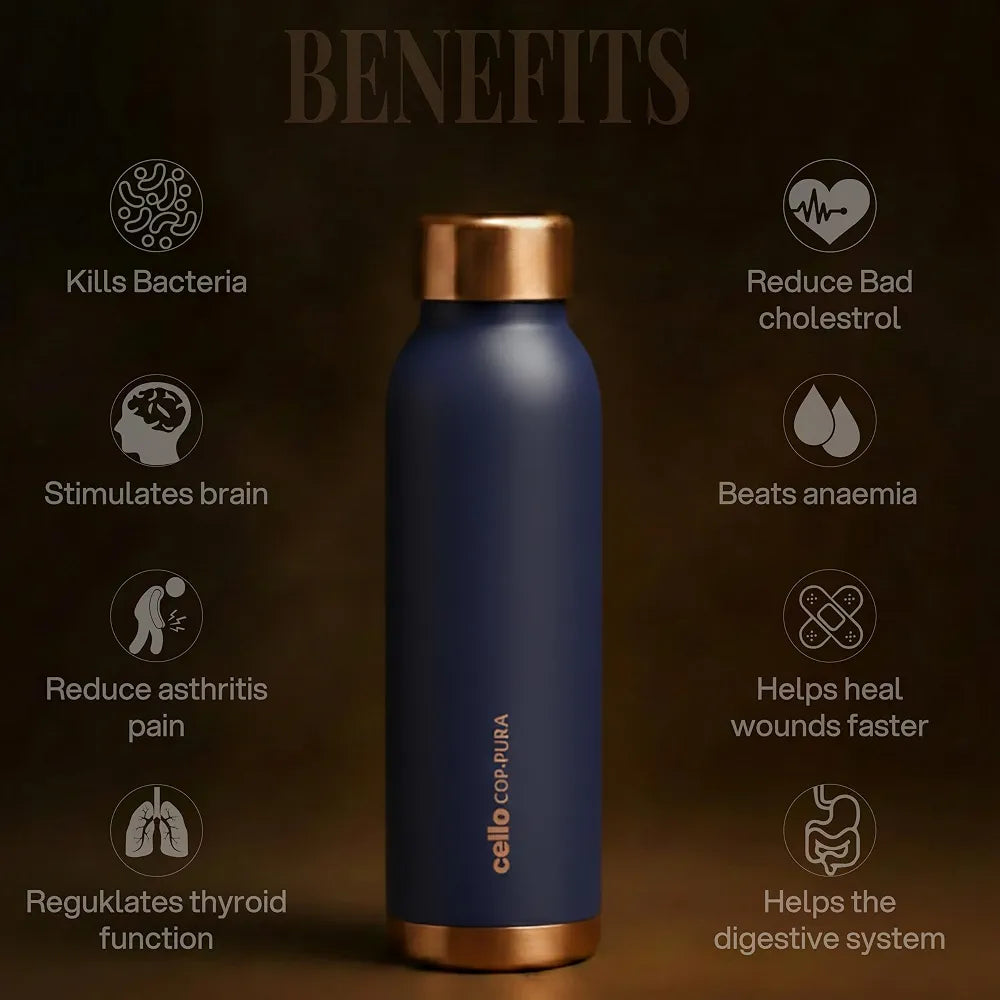 CELLO Evita Copper Water Bottle For Daily & Office Use 700 ml, Blue | Leakproof & Rustproof ISI Certified Single Wall 100% Pure Copper Promotes Immunity, Improve Digestion & Supports Healthy Living