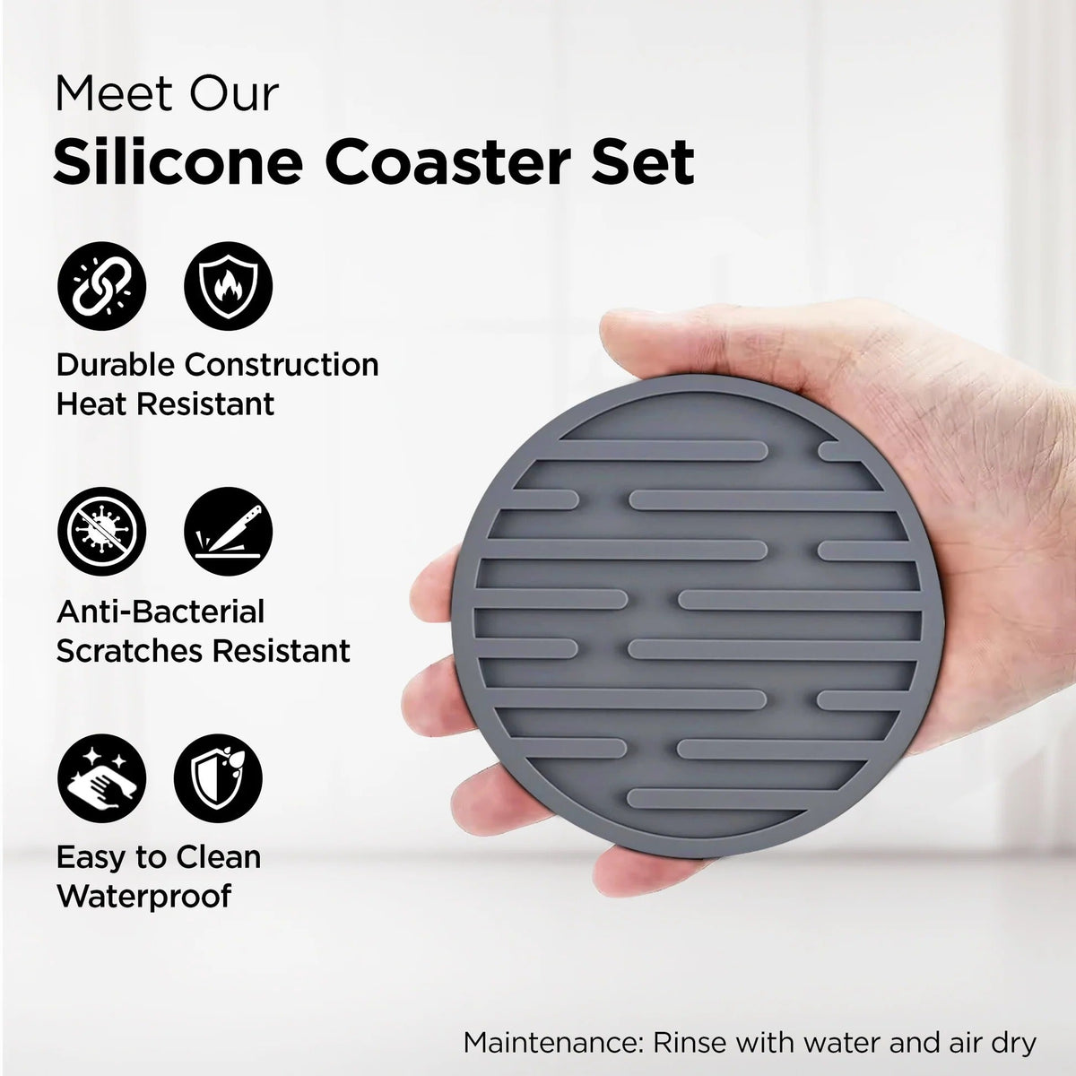 UMAI Silicone Coasters Set of 6 with Silicone Holder Grey Round Dining Table Home Office