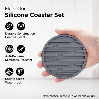 UMAI Silicone Coasters Set of 6 with Silicone Holder Grey Round Dining Table Home Office
