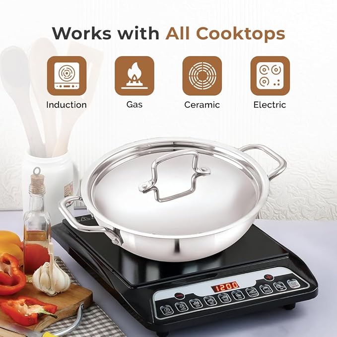 Esspy Triply Stainless Steel Kadai for Cooking with Lid, Non Stick Kadai, Triply Kadhai, Metal Spatula Friendly, Induction & Gas Stove Compatible