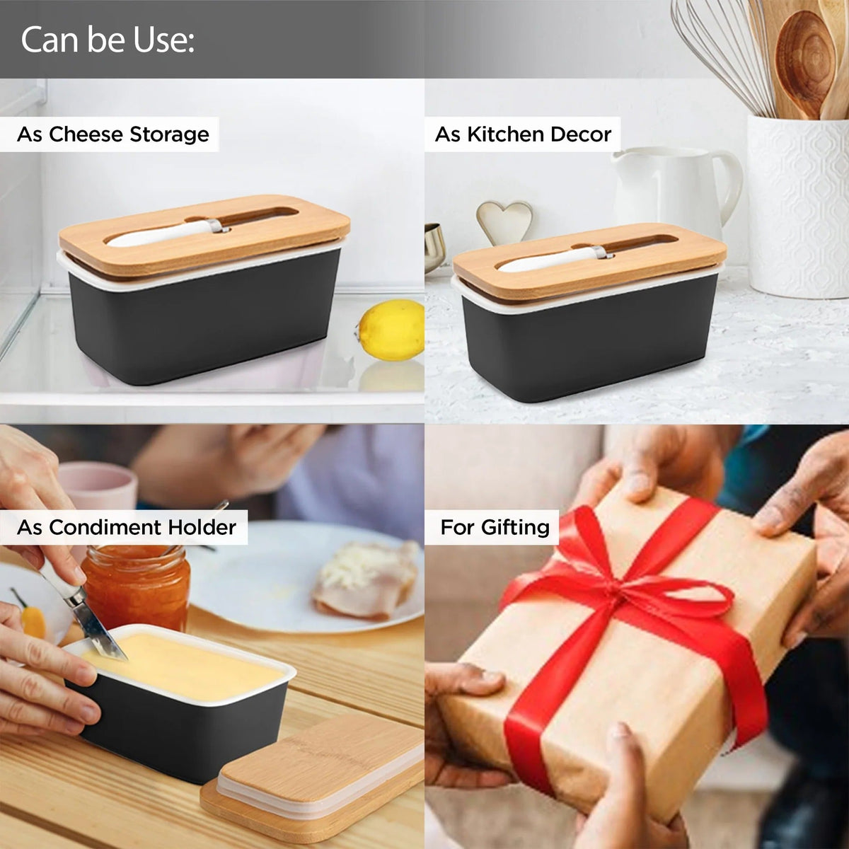 UMAI Ceramic Butter Dish with Wooden Lid & SS Knife | Fridge Storage | Airtight | Black