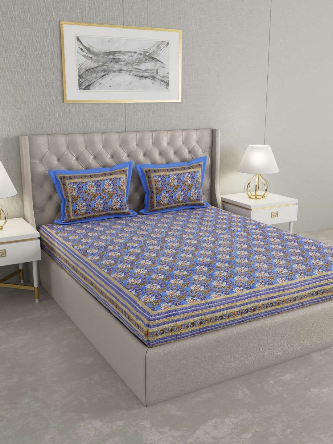 100% Pure Cotton Traditional Printed Bedsheet for Double Bed King Size Bedsheet with 2 Pillow Covers