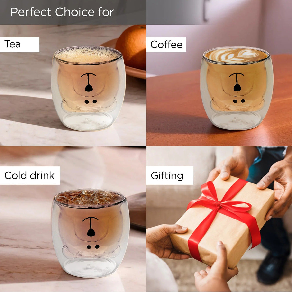 UMAI Cute Teddy Bear Double Walled Borosilicate Glass Mug Set of 2 (250ml) | Pink
