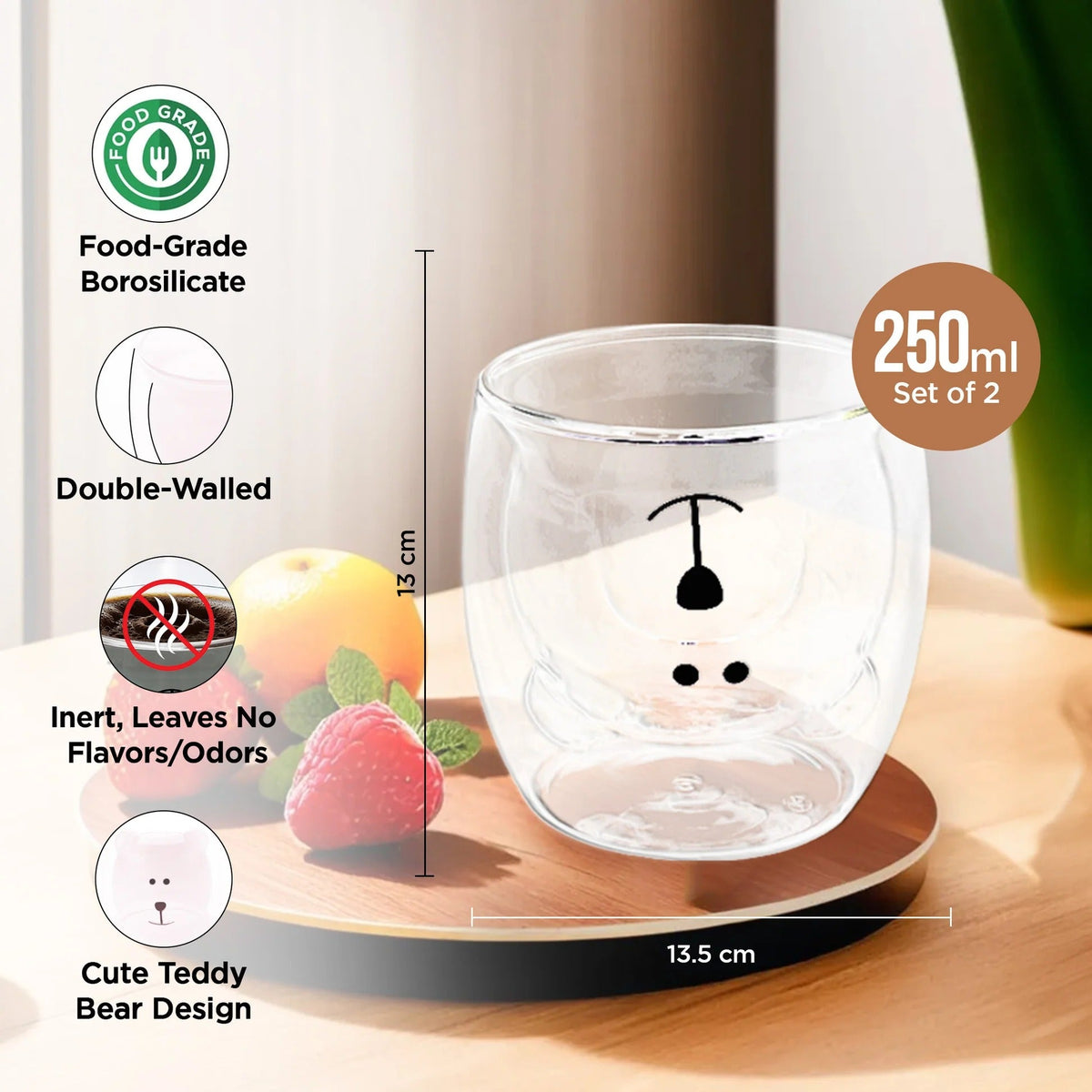 UMAI Cute Teddy Bear Double Walled Borosilicate Glass Mug Set of 2 (250ml) | Pink