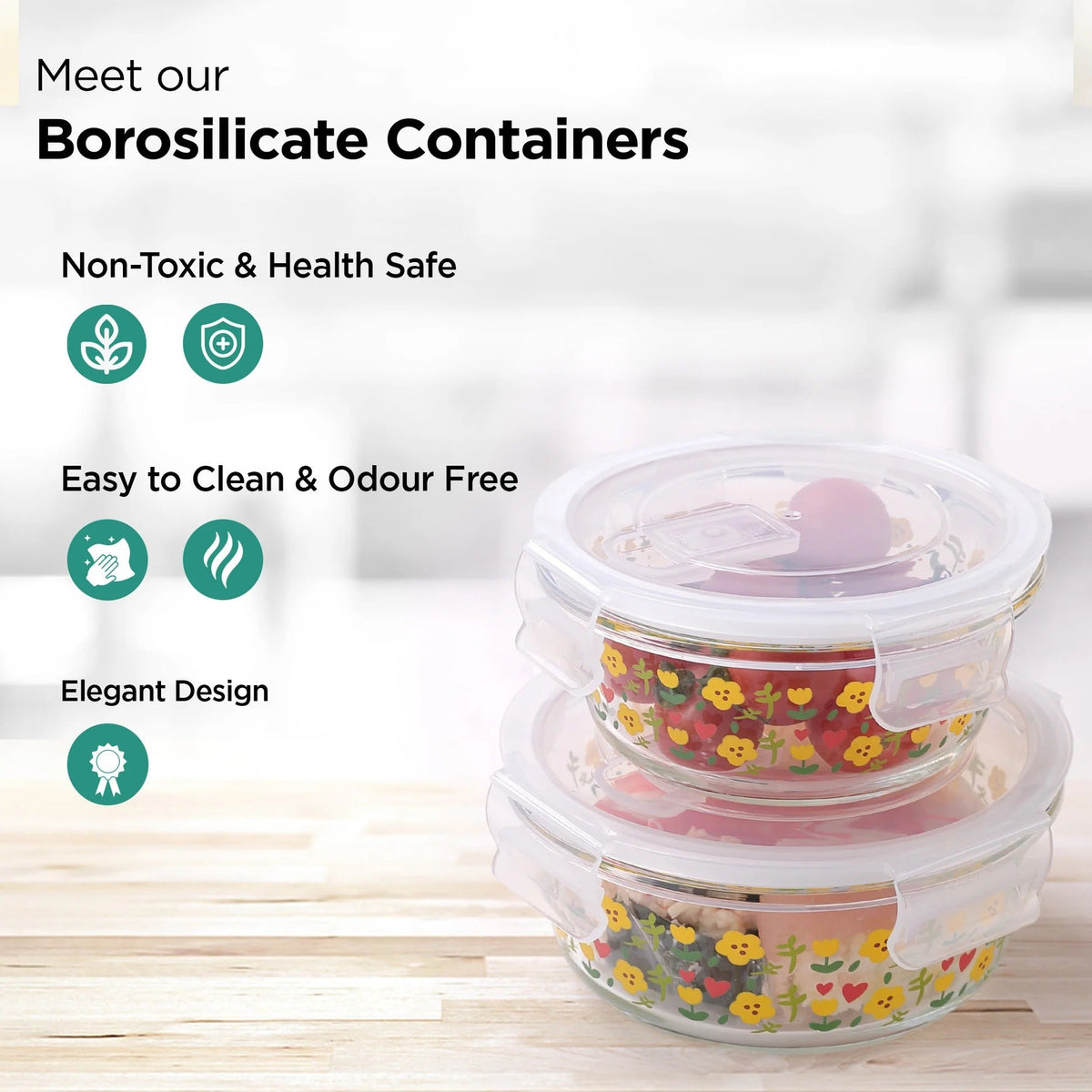 UMAI Pack of 2 Borosilicate Kitchen Containers | 370ml & 635ml | Airvent PP Lid | Airtight