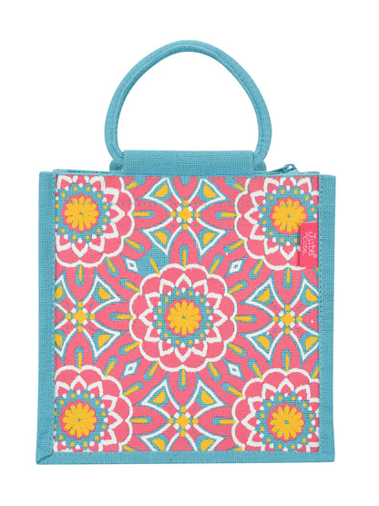Jute Cottage Mughal Print Zipper Lunch Bag 100% Genuine Jute Bag