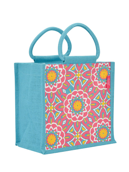 Jute Cottage Mughal Print Zipper Lunch Bag 100% Genuine Jute Bag
