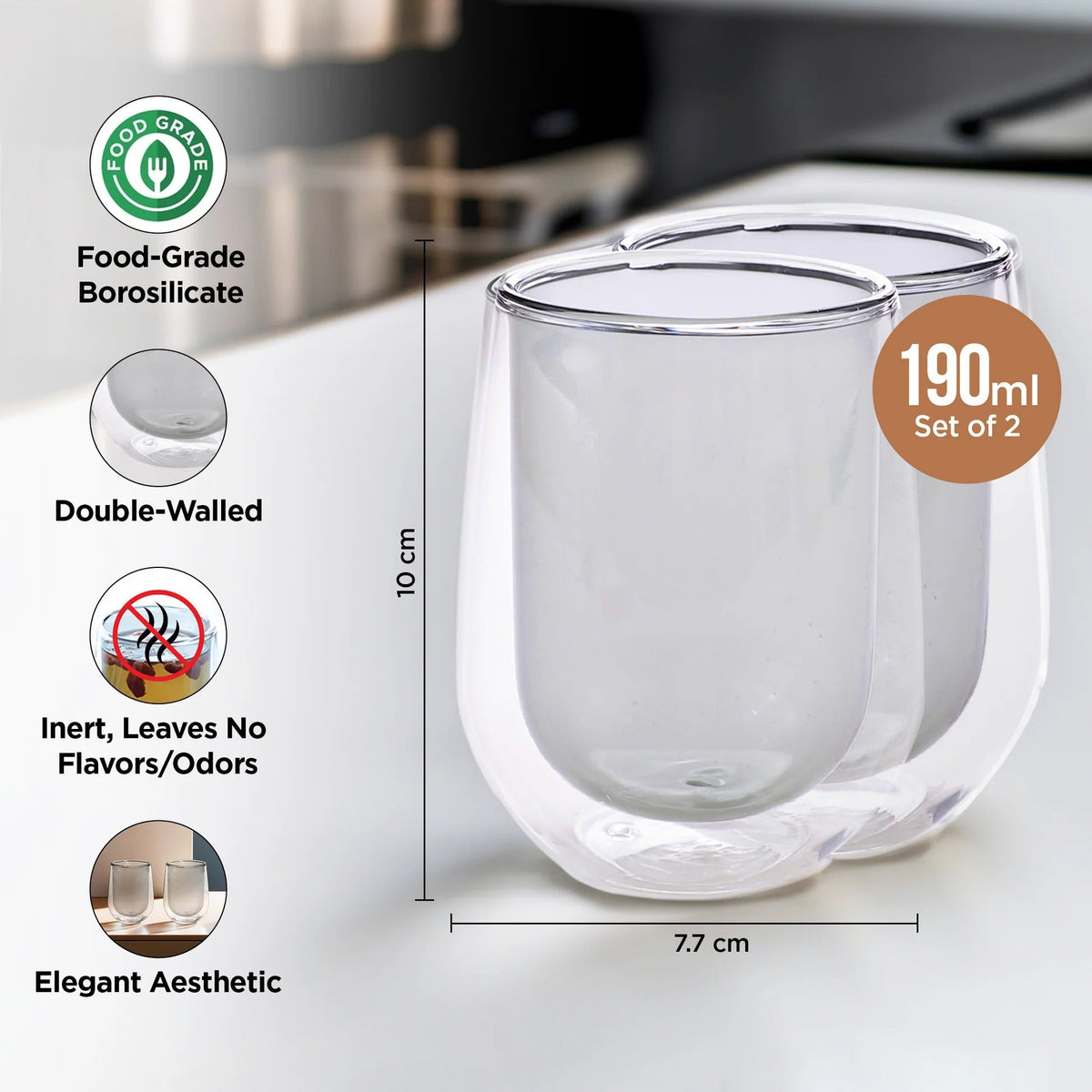 UMAI Pack of 2: Double Wall Borosilicate Glass Coffee Mugs | 190ml | Grey