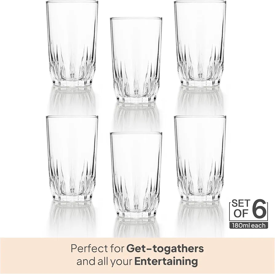 CELLO Glaze Glass Set of 6 Pcs 180ml, Transparent | Freezer & Fridge Safe, Leadfree Dishwasher Safe Toughened Crystal Clear Glasses Set For Drinking Water Juice Milk Cocktail Mocktail Coldrinks & Soda