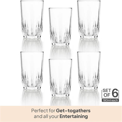 CELLO Glaze Glass Set of 6 Pcs 180ml, Transparent | Freezer & Fridge Safe, Leadfree Dishwasher Safe Toughened Crystal Clear Glasses Set For Drinking Water Juice Milk Cocktail Mocktail Coldrinks & Soda