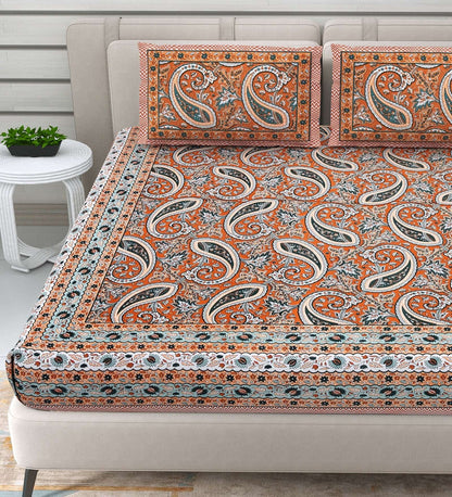 100% Pure Cotton Traditional Printed Bedsheet for Double Bed King Size Bedsheet with 2 Pillow Covers